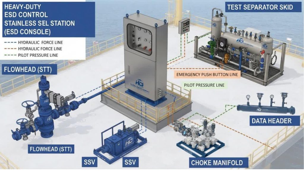 ESD Control System, Surface Safety Valve, Flowhead Actuator, Hydraulic Control, Operational Safety, Emergency Shutdown, Pressure Isolation, Wellhead Safety, Industrial Automation, Hazardous Conditions