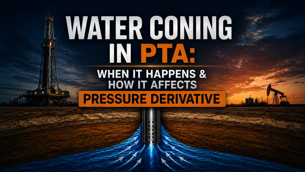 Water Coning in Pressure Transient Analysis (PTA) showing its impact on pressure derivative curves, radial flow, permeability, skin factor estimation, and well test interpretation in petroleum engineering.