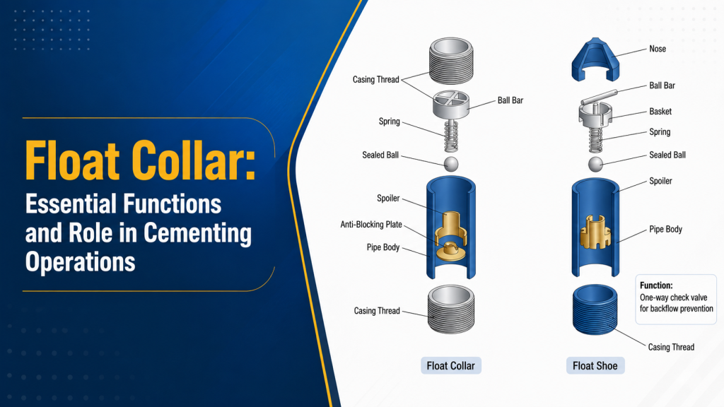Float Collar and Float Shoe internal mechanism showing check valve components used during primary cementing operations in oil and gas drilling.