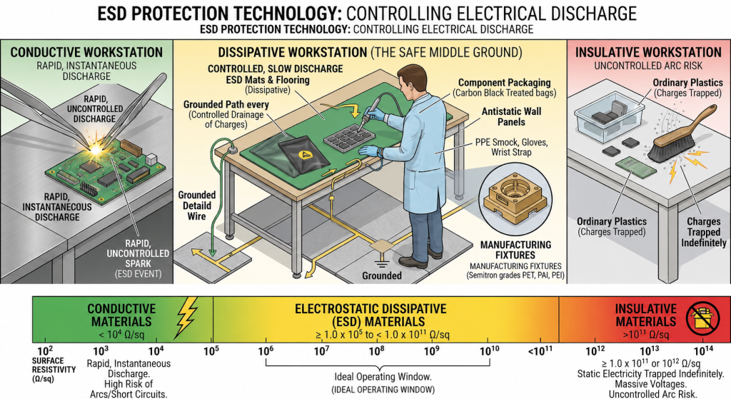 Comparison of conductive, dissipative, and insulative ESD workstations