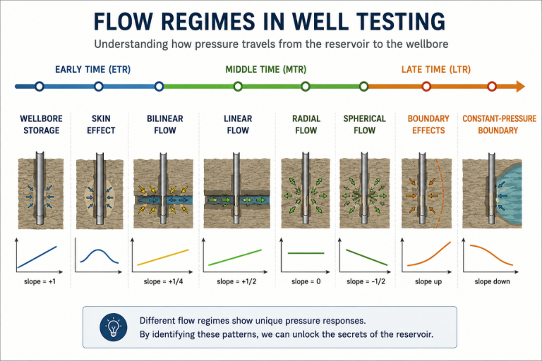 Pressure Transient Analysis Flow Regimes diagnostic chart showing wellbore storage, radial flow, linear flow, bilinear flow, spherical flow, and boundary effects.