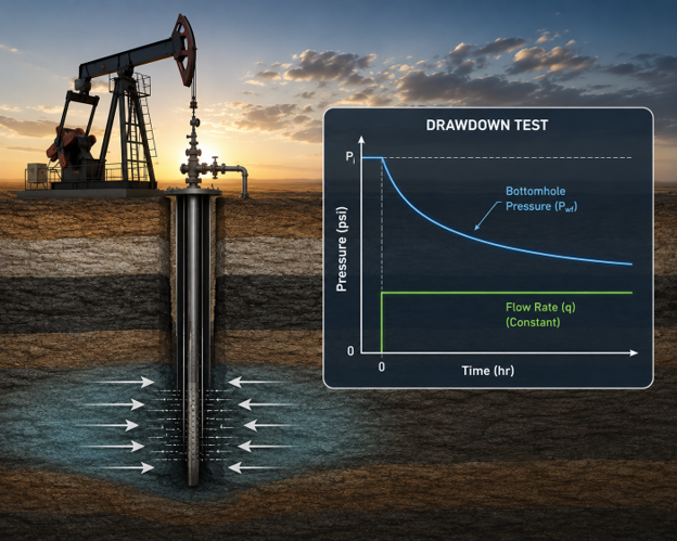 Pressure Drawdown Test Analysis showing a producing oil well, reservoir inflow toward the wellbore, declining bottomhole pressure, and constant production rate over time.